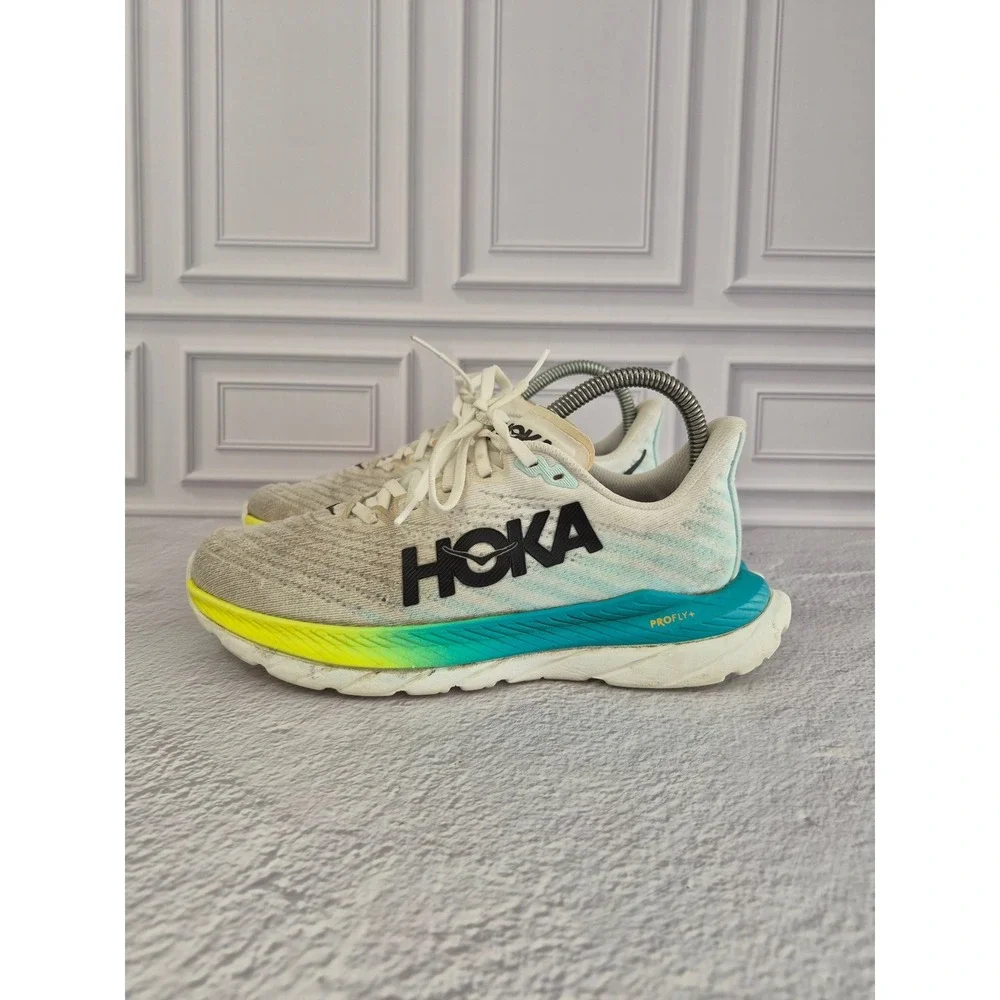 Hoka Mach 5 Womens Running Shoes Size 6.5 B White Blue Yellow Profly+ Sneakers